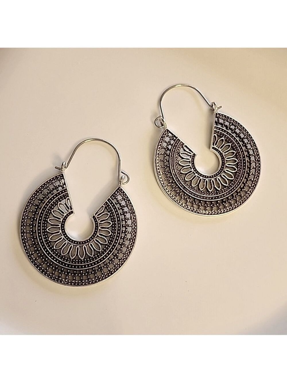 BOHO Gypsy Flower Tribal Hoop Earrings GREAT Tribal Detail HP